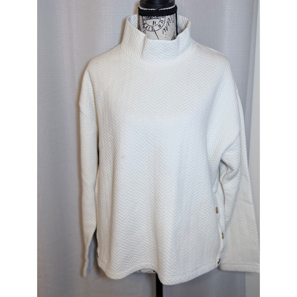 J.Crew Womens White Quilted Herringbone Mock Neck Pullover Top Gold Buttons L